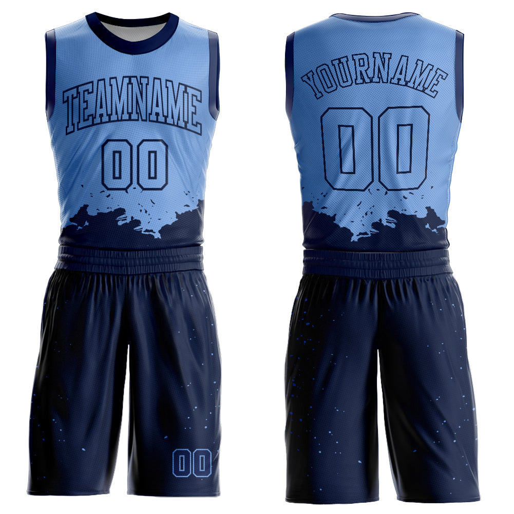 Custom Light Blue Navy Color Splash Round Neck Sublimation Basketball Uniform Jersey