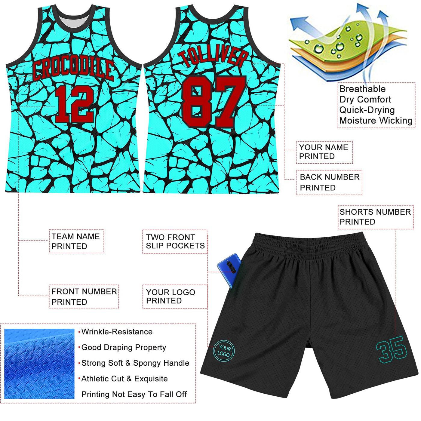 Custom Aqua Red-Black Abstract Network Round Neck Sublimation Basketball Set Jersey