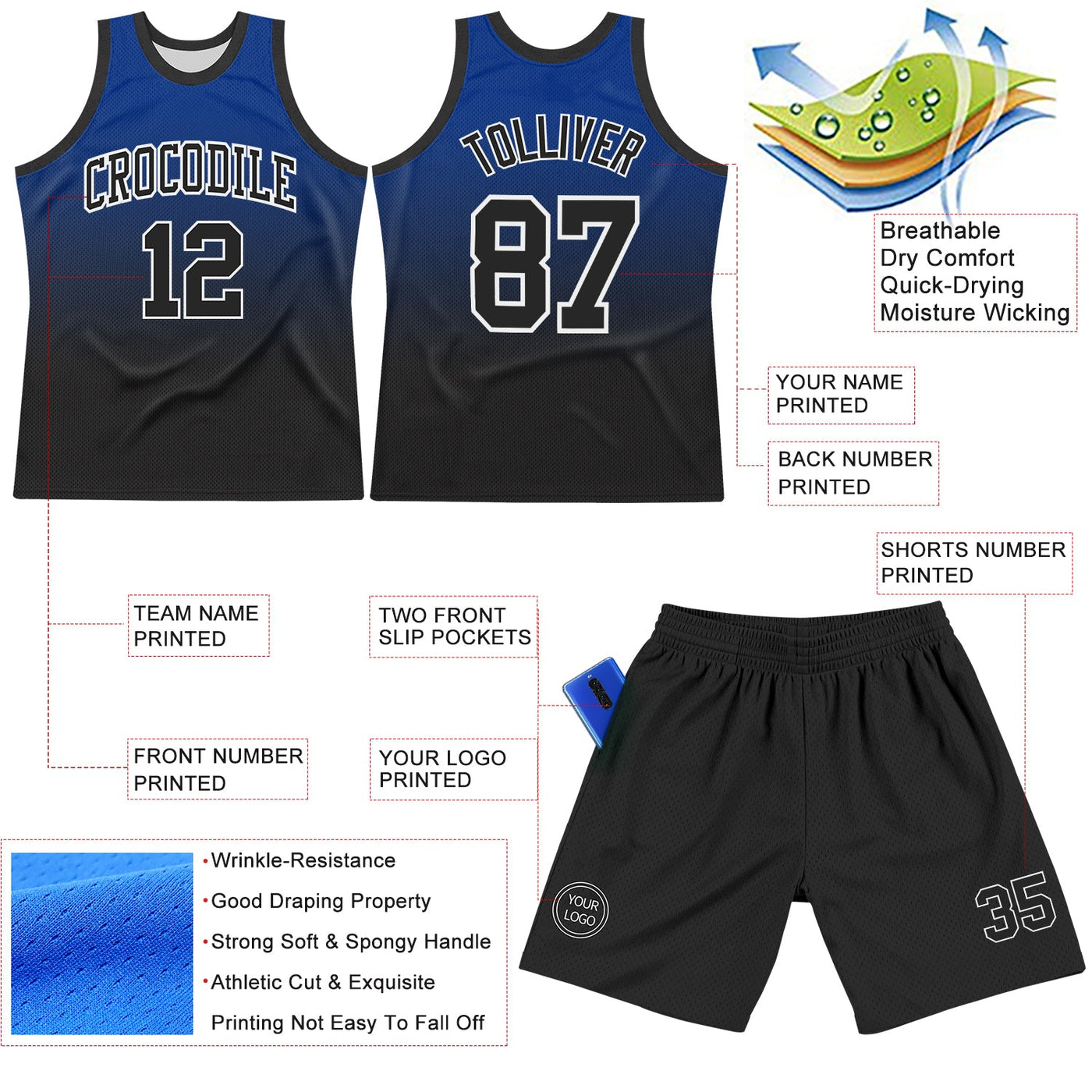 Custom Royal Black-White Fade Fashion Round Neck Sublimation Basketball Set Jersey