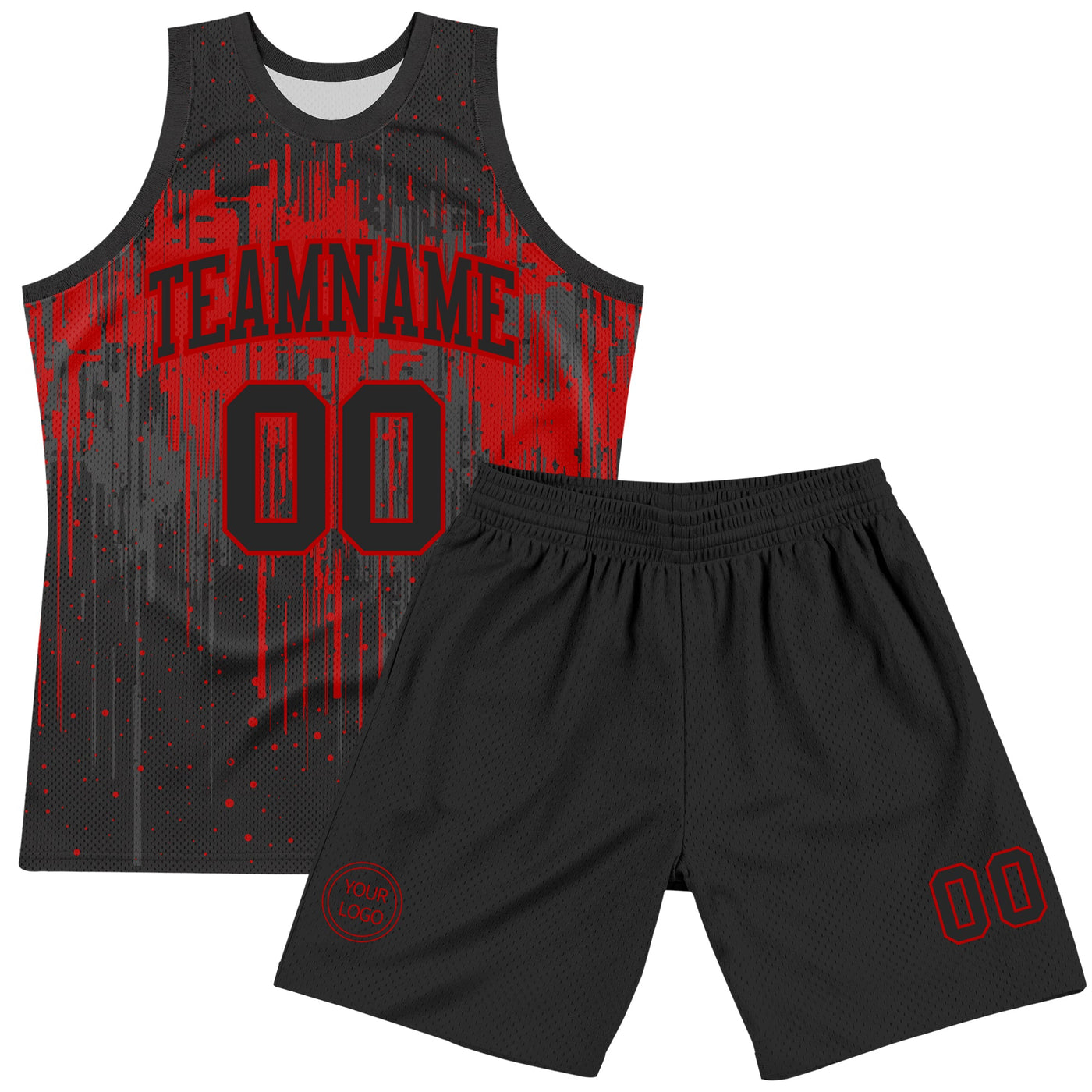 Custom Black Red Dripping Splatter Art Round Neck Sublimation Basketball Set Jersey
