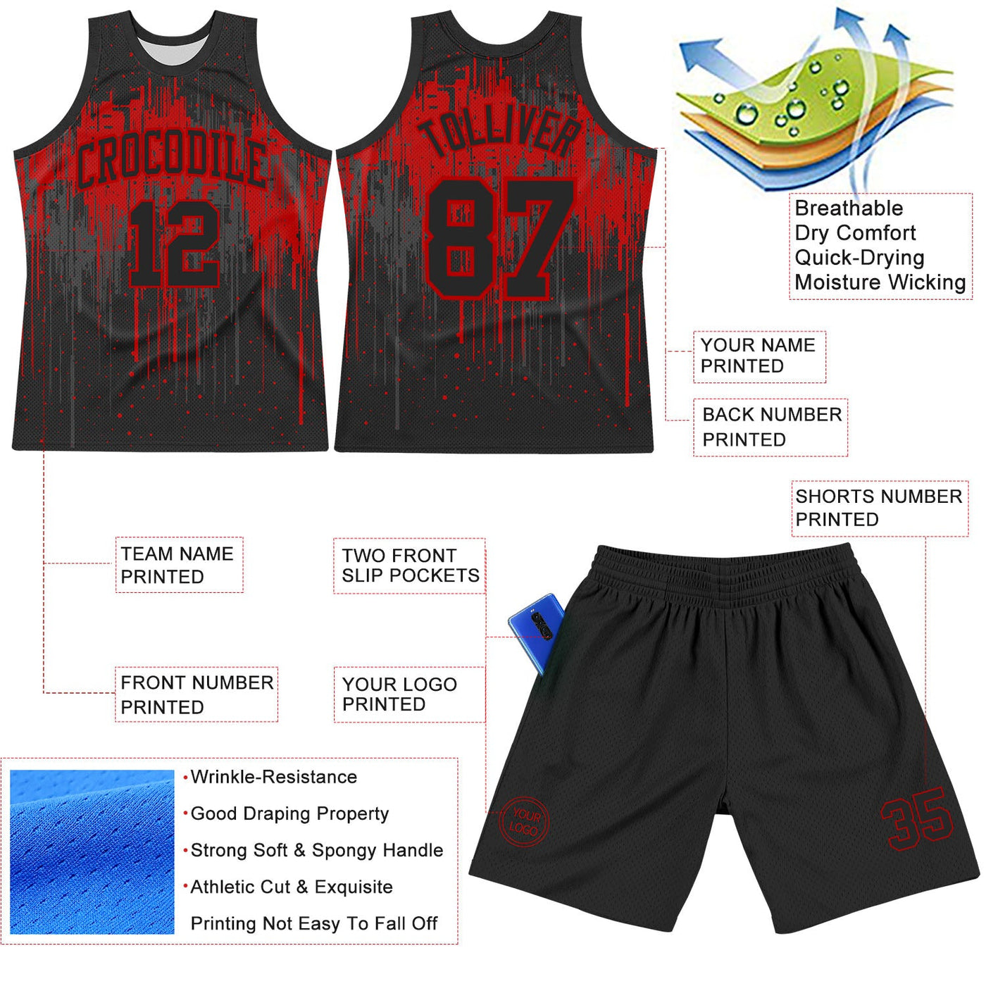 Custom Black Red Dripping Splatter Art Round Neck Sublimation Basketball Set Jersey