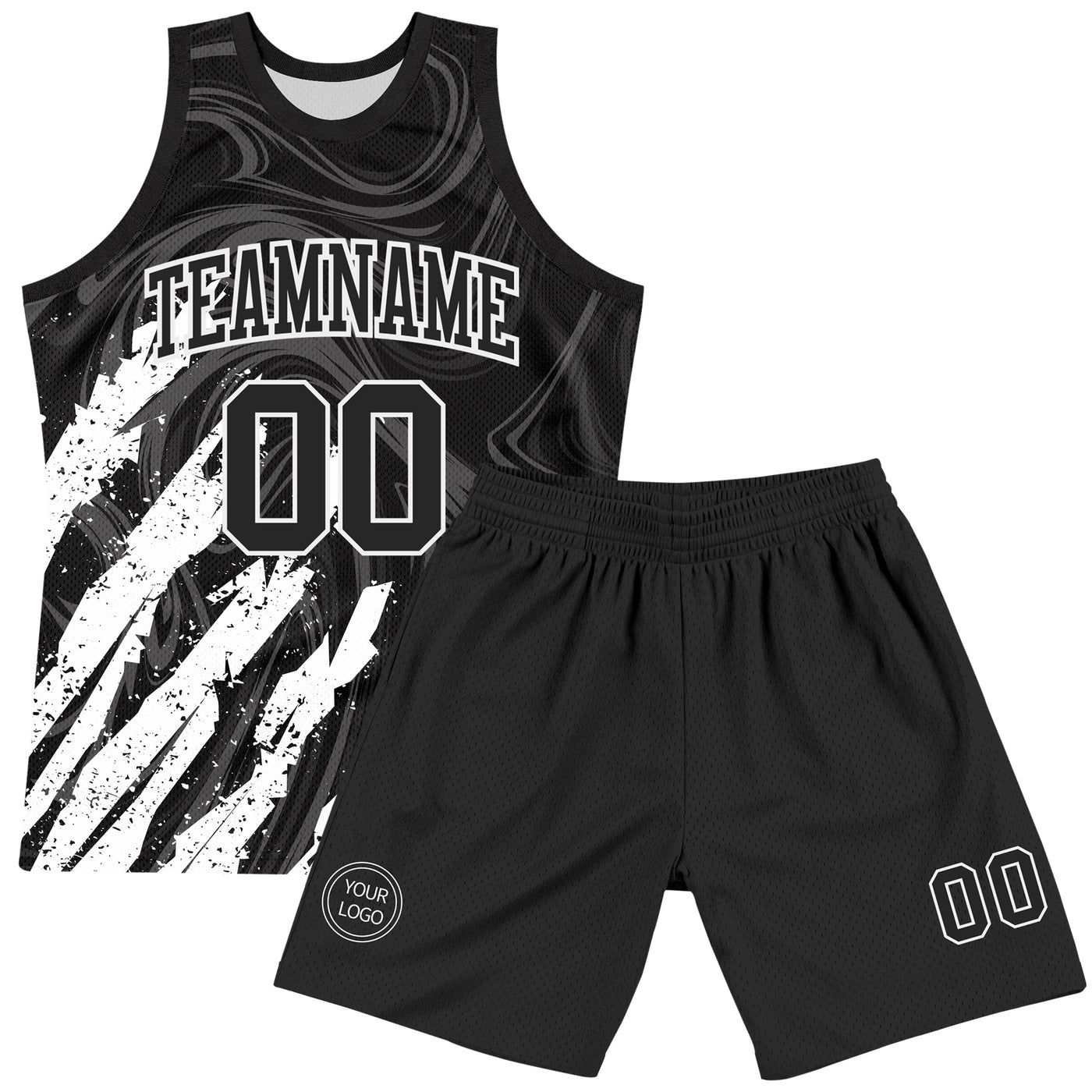 Custom Black White Splash Round Neck Sublimation Basketball Set Jersey