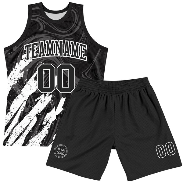 Custom Black White Splash Round Neck Sublimation Basketball Set Jersey