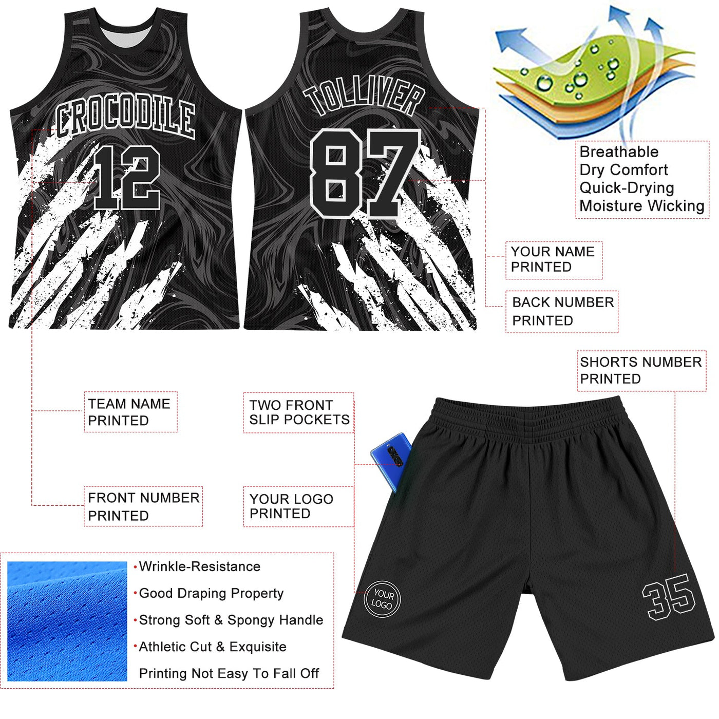 Custom Black White Splash Round Neck Sublimation Basketball Set Jersey