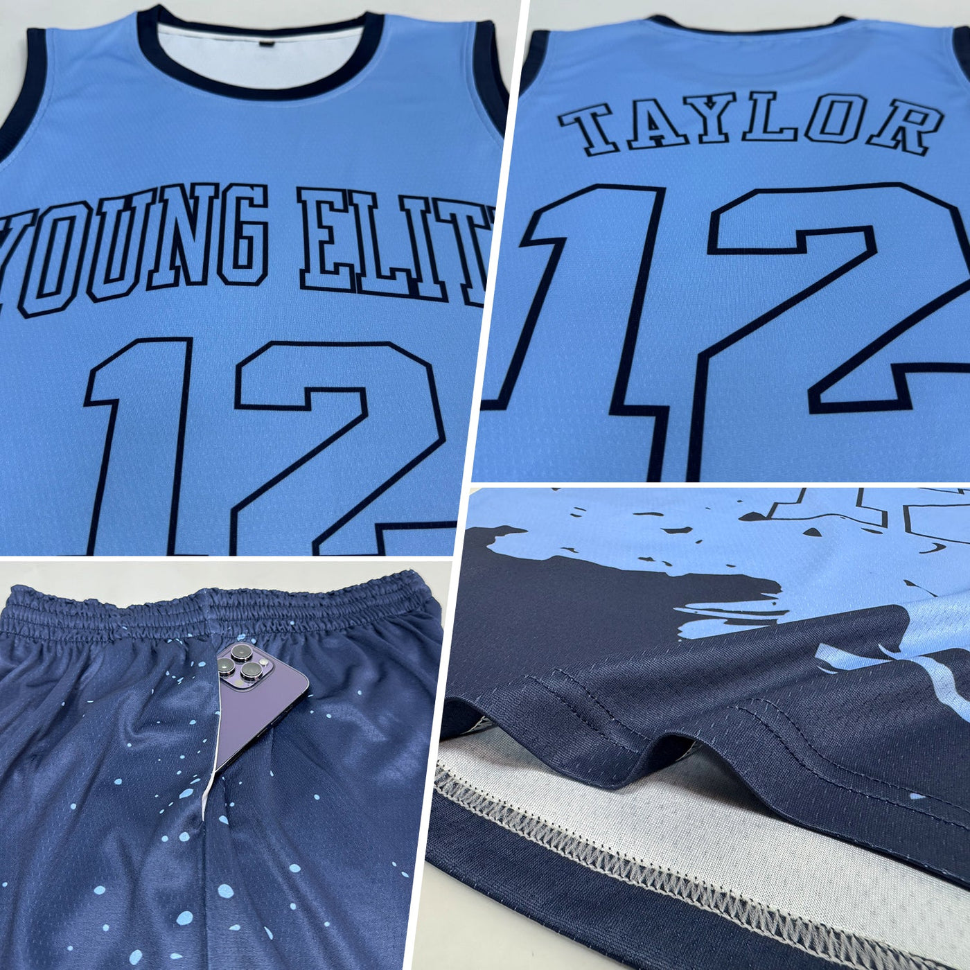 Custom Light Blue Navy Color Splash Round Neck Sublimation Basketball Uniform Jersey