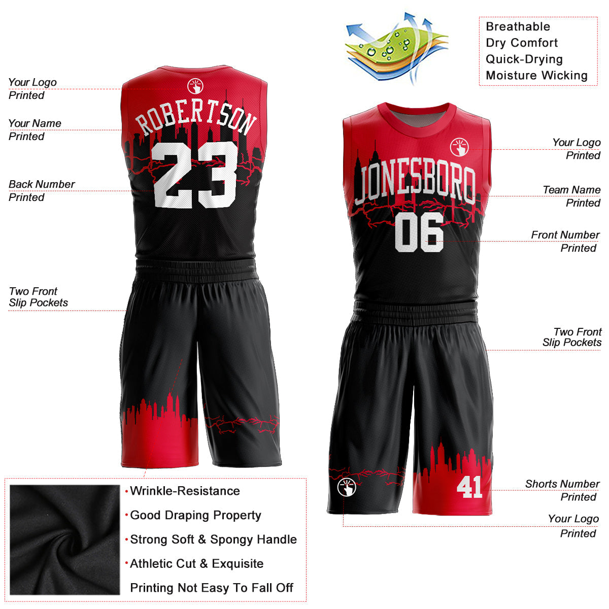 Custom Black White-Red Round Neck Sublimation Basketball Uniform Jersey