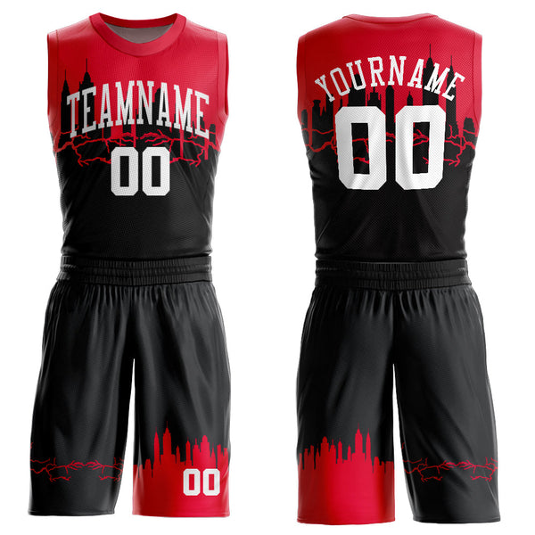 Custom Black White-Red Round Neck Sublimation Basketball Uniform Jersey