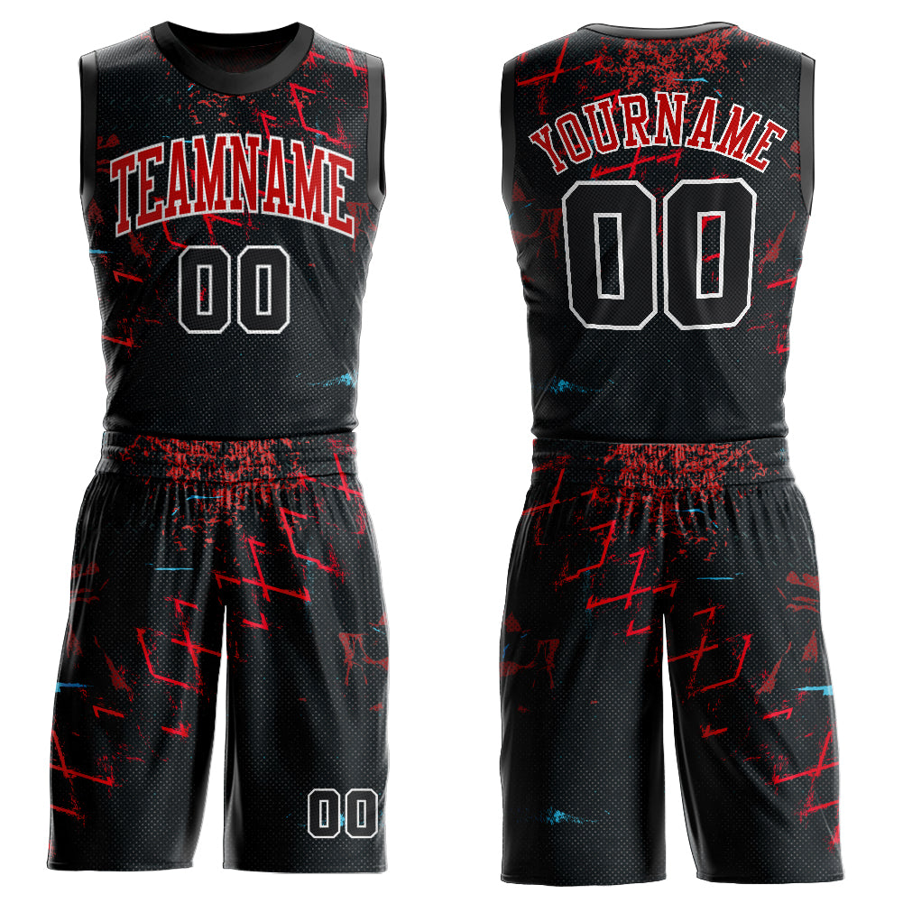 Custom Black Black-Red Round Neck Sublimation Basketball Uniform Jersey