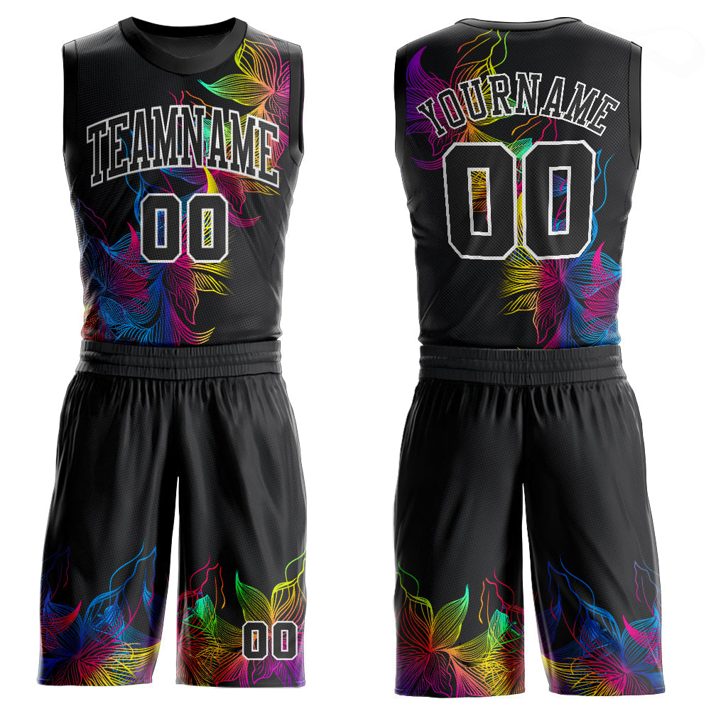 Custom Black Black-White Round Neck Sublimation Basketball Uniform Jersey