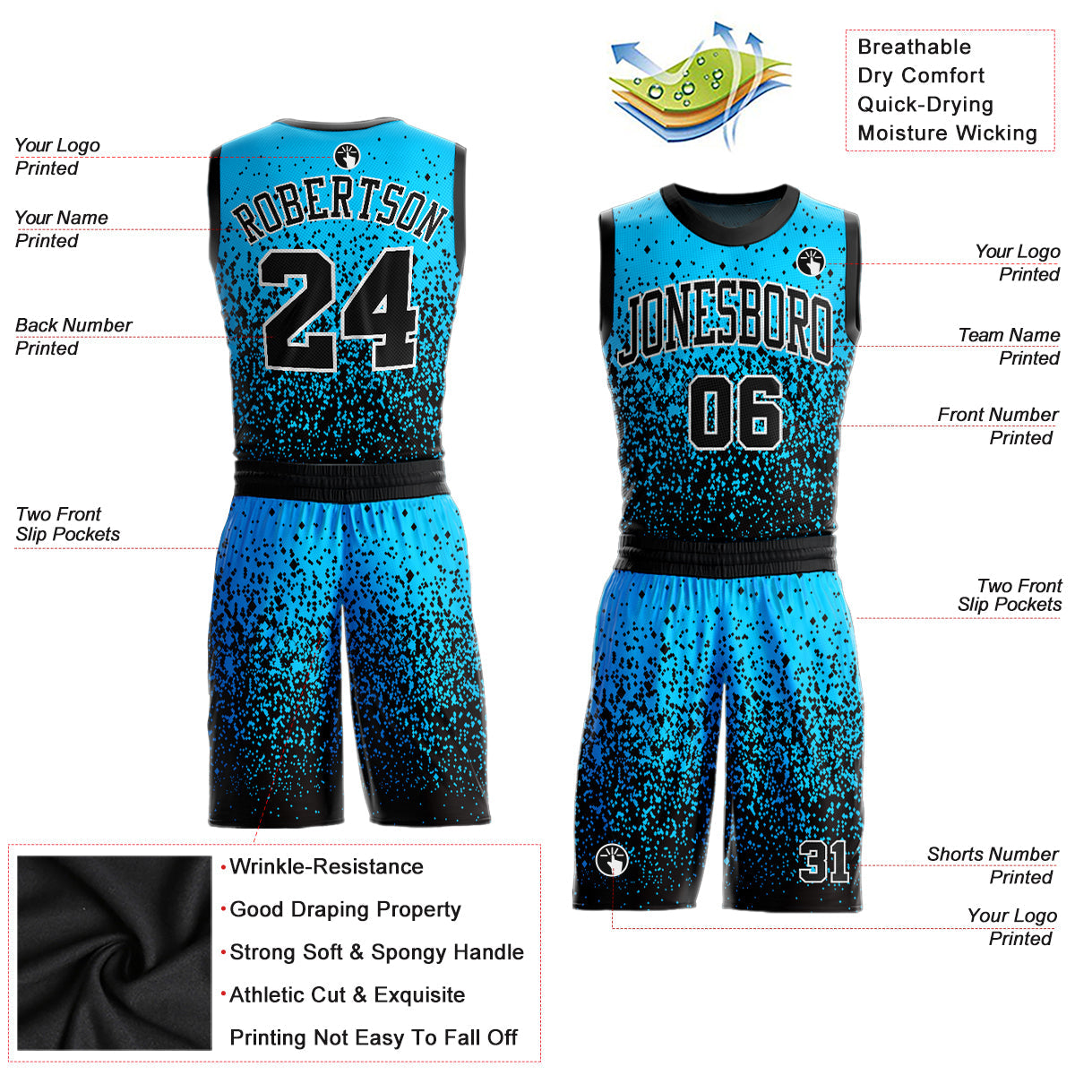 Custom Blue Black-White Round Neck Sublimation Basketball Uniform Jersey