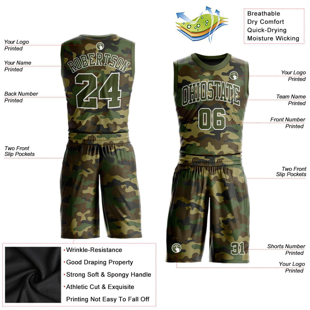 Custom Camo Olive-White Round Neck Sublimation Salute To Service Basketball Uniform Jersey