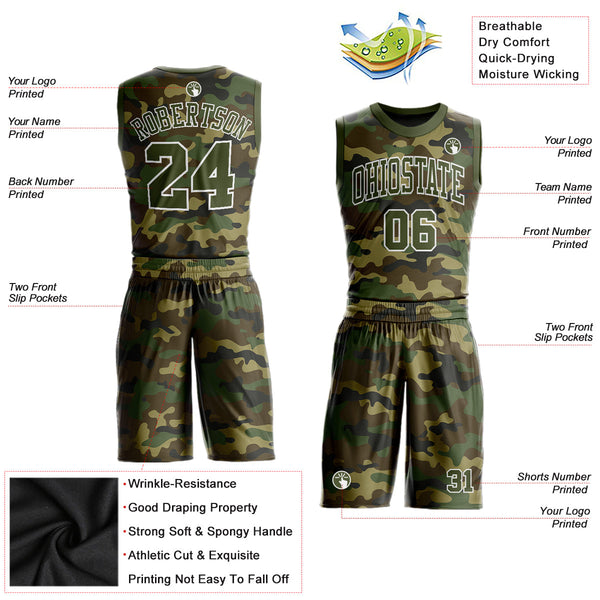 Custom Camo Olive-White Round Neck Sublimation Salute To Service Basketball Uniform Jersey