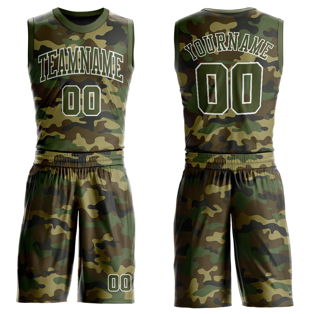 Custom Camo Olive-White Round Neck Sublimation Salute To Service Basketball Uniform Jersey