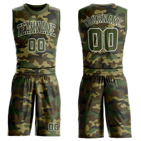 Custom Camo Olive-White Round Neck Sublimation Salute To Service Basketball Uniform Jersey
