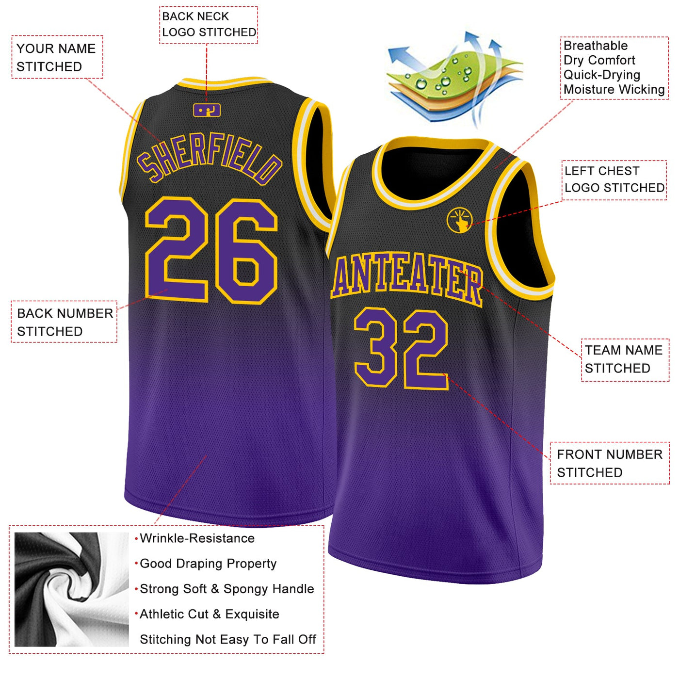 Custom Black Purple-Gold Authentic Fade Fashion Basketball Jersey