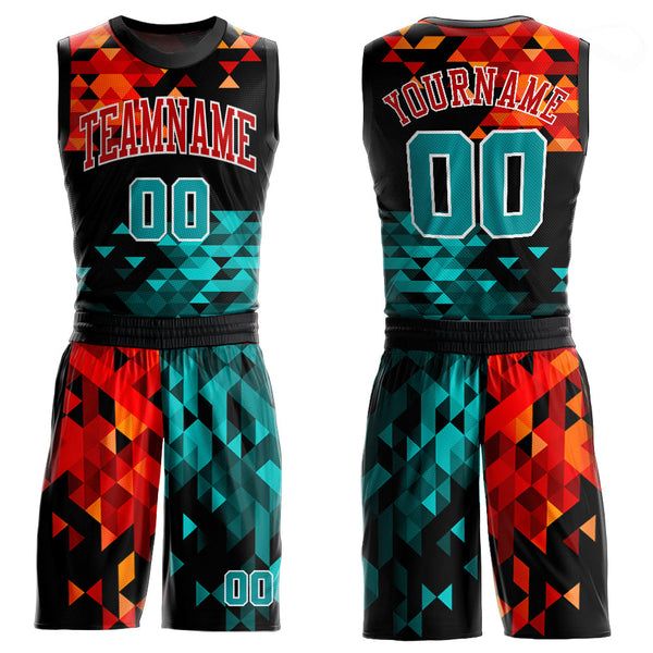 Custom Figure Aqua-Red Round Neck Sublimation Basketball Uniform Jersey