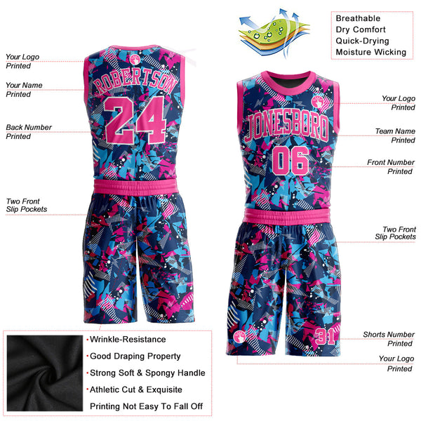 Custom Figure Pink-Light Blue Round Neck Sublimation Basketball Uniform Jersey