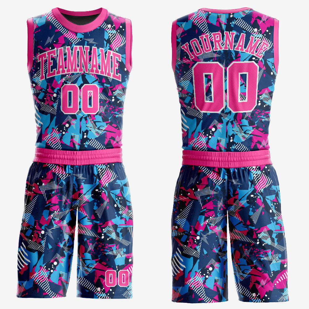 Custom Figure Pink-Light Blue Round Neck Sublimation Basketball Uniform Jersey