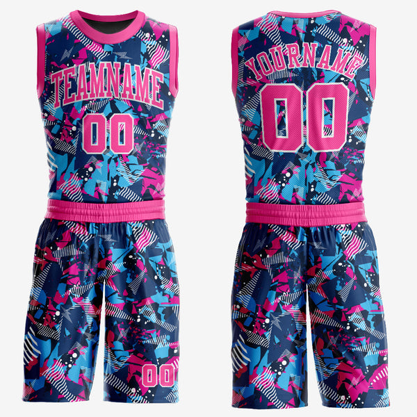 Custom Figure Pink-Light Blue Round Neck Sublimation Basketball Uniform Jersey