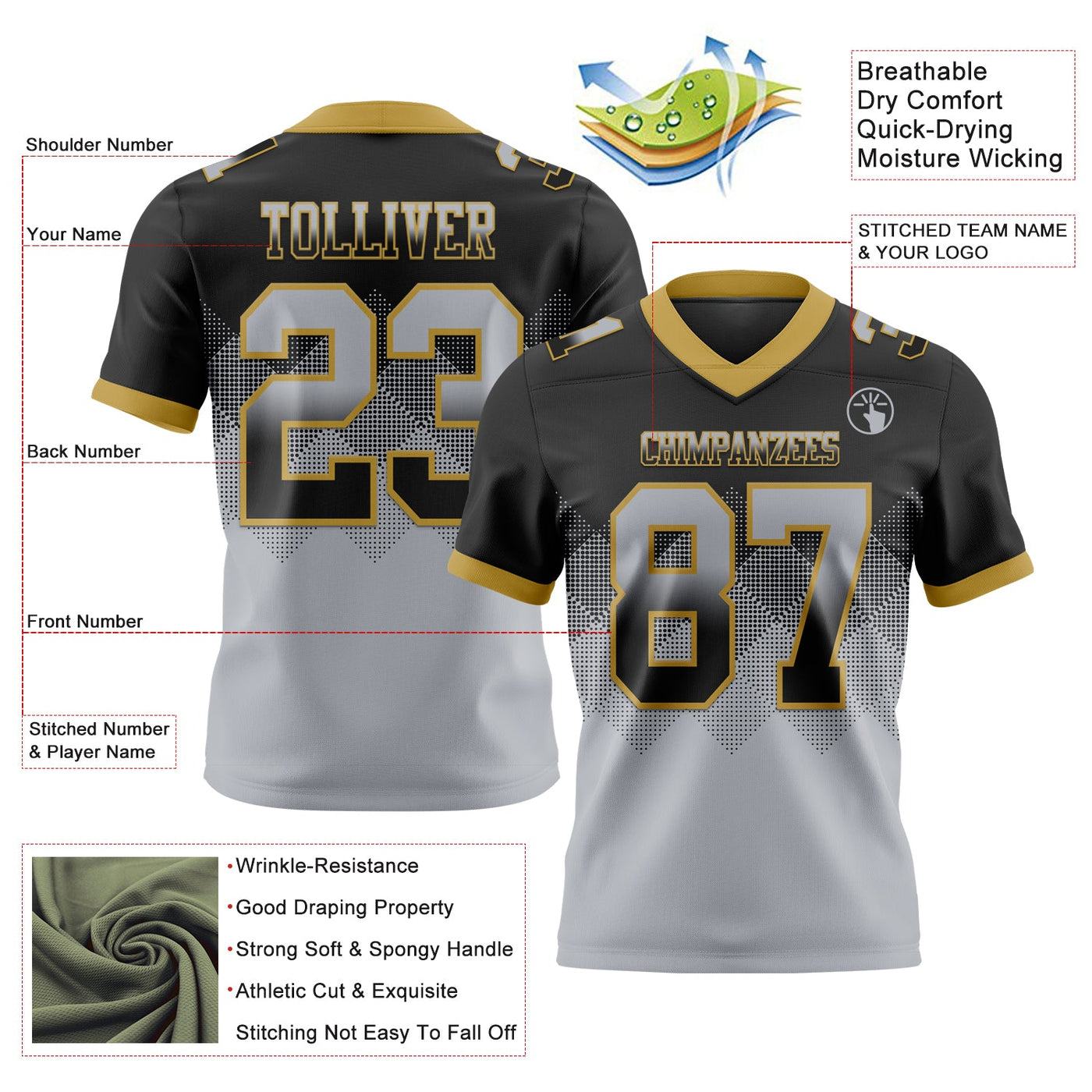 Custom Black Gray-Old Gold Authentic Gradient Square Shape 7V7 Flag Football Jersey