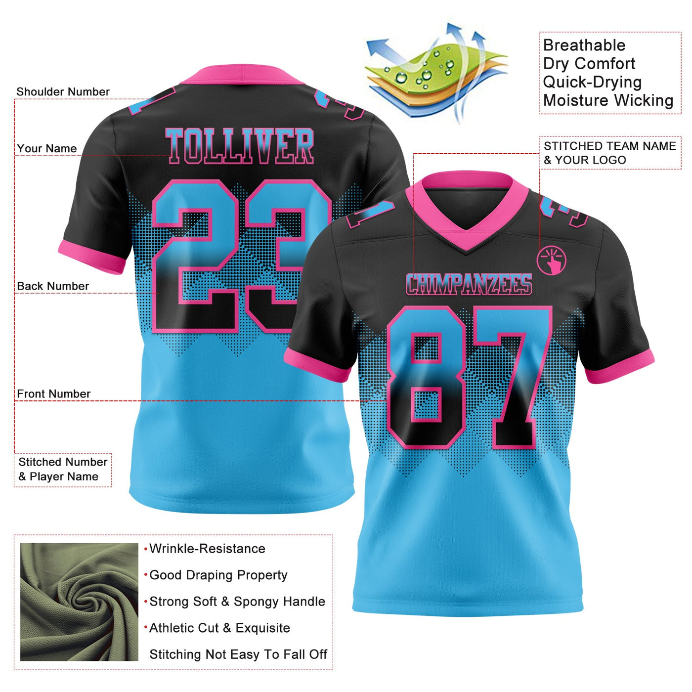 Custom Black Sky Blue-Pink Authentic Gradient Square Shape 7V7 Flag Football Jersey