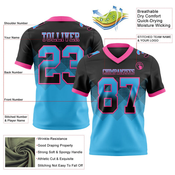Custom Black Sky Blue-Pink Authentic Gradient Square Shape 7V7 Flag Football Jersey