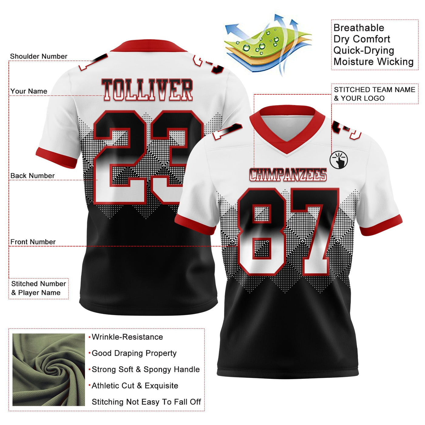 Custom White Black-Red Authentic Gradient Square Shape 7V7 Flag Football Jersey