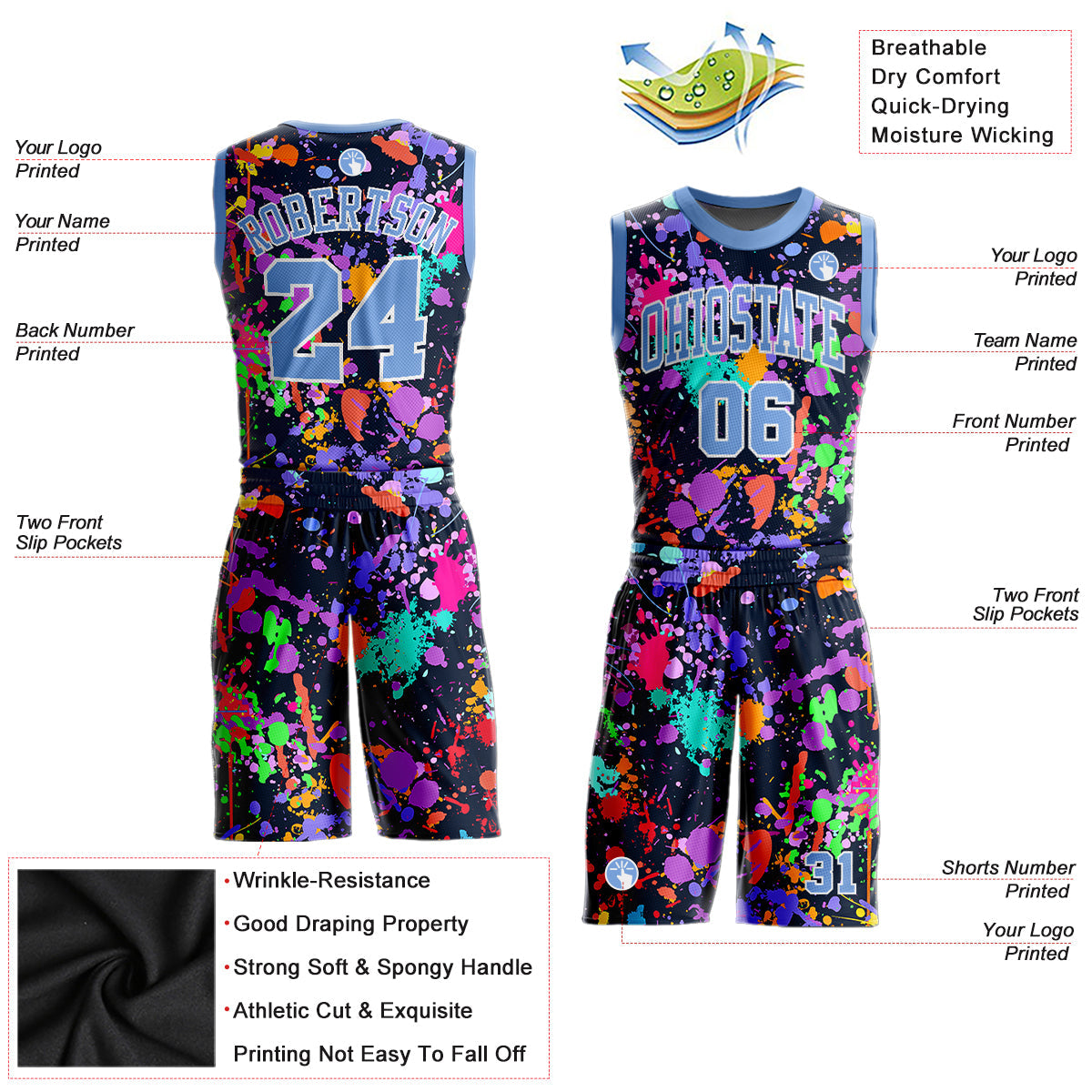 Custom Graffiti Pattern Light Blue-White Round Neck Sublimation Basketball Uniform Jersey