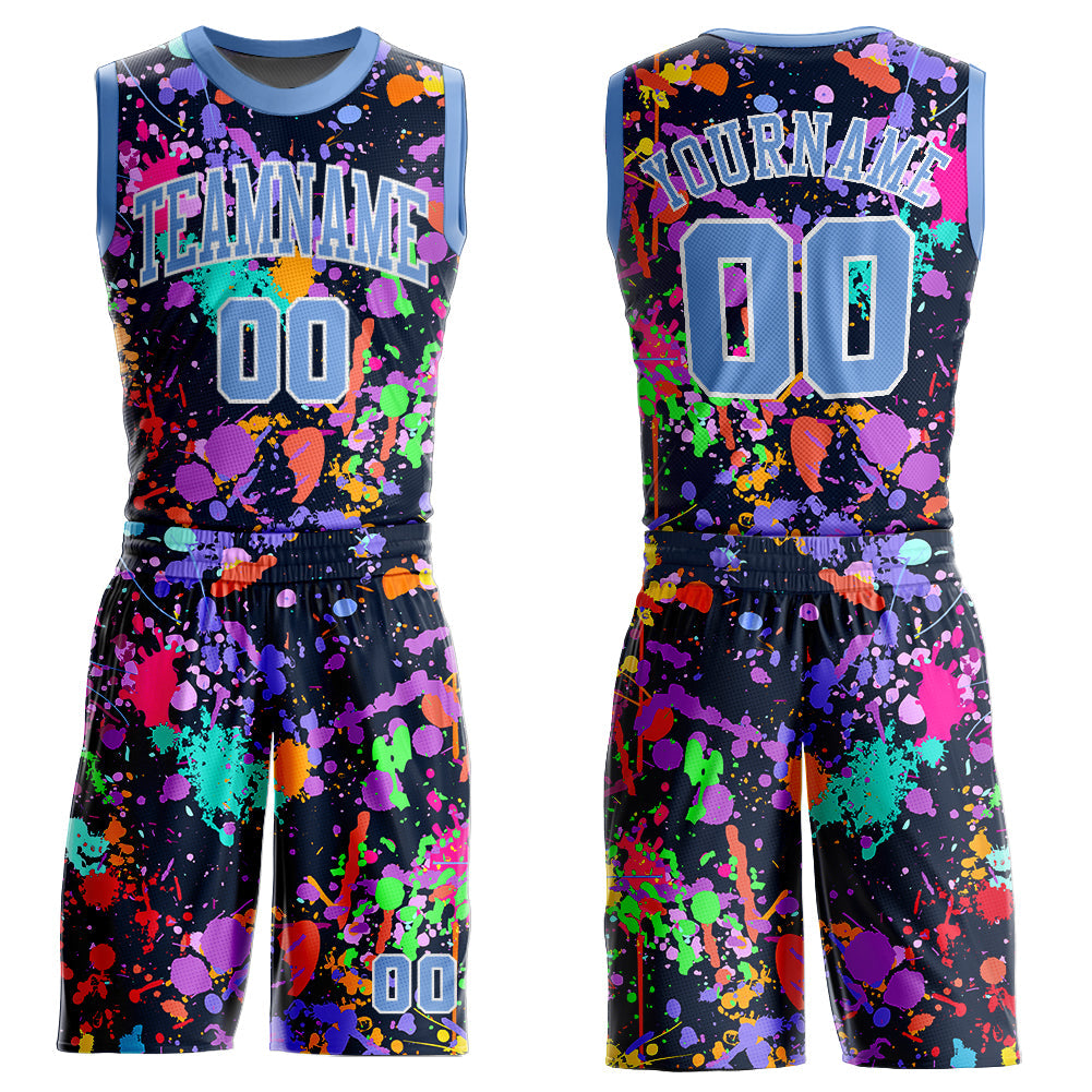 Custom Graffiti Pattern Light Blue-White Round Neck Sublimation Basketball Uniform Jersey