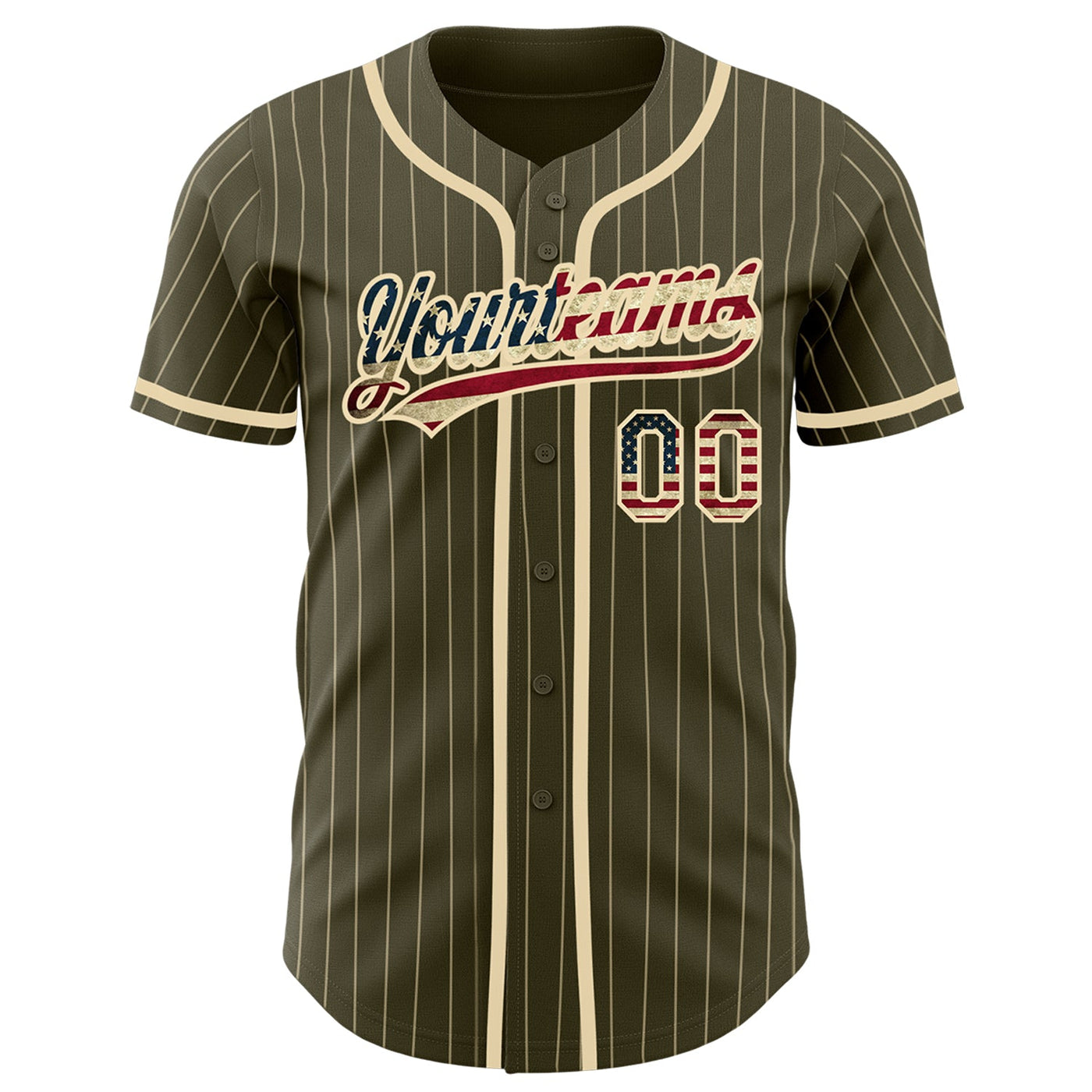 Custom Olive City Cream Pinstripe Vintage USA Flag Authentic Salute To Service Baseball Jersey