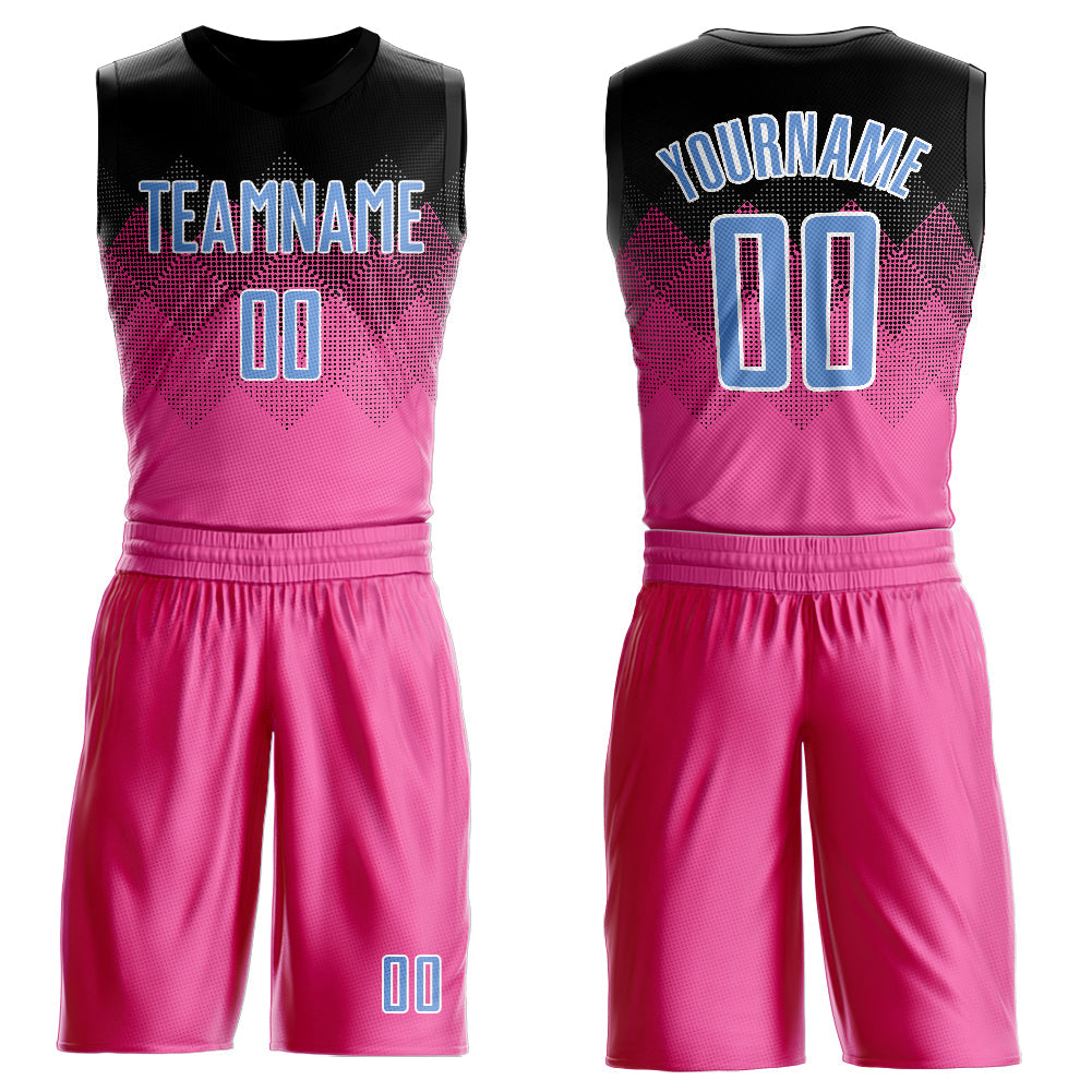 Custom Pink Light Blue Black-White Round Neck Sublimation Basketball Uniform Jersey