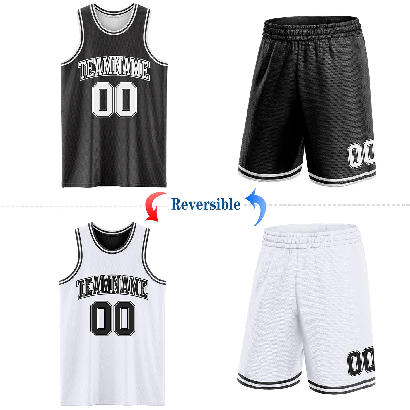 Custom Reversible Black White Double Side Sublimation Basketball Set Jersey