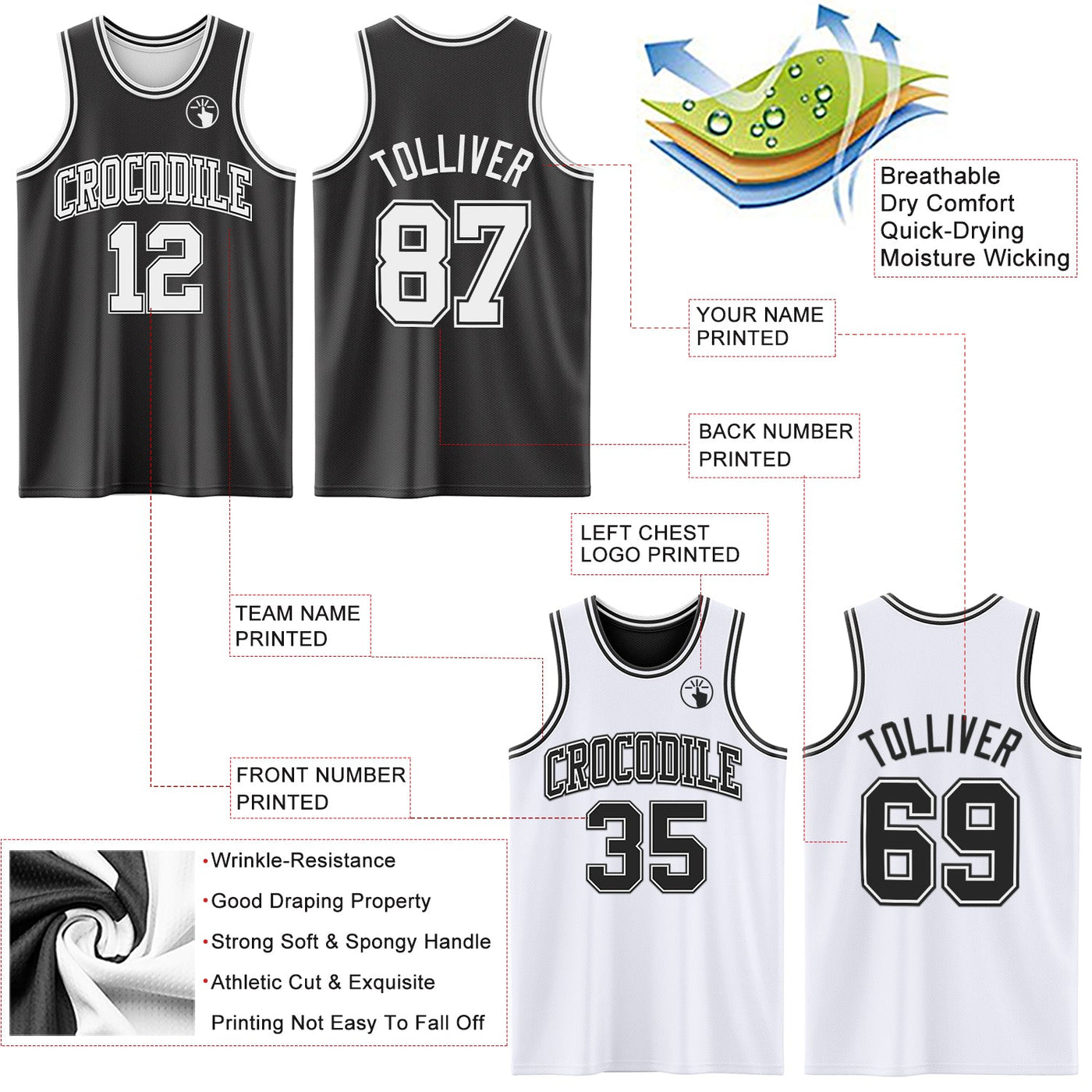 Custom Reversible Black White Double Side Sublimation Basketball Set Jersey