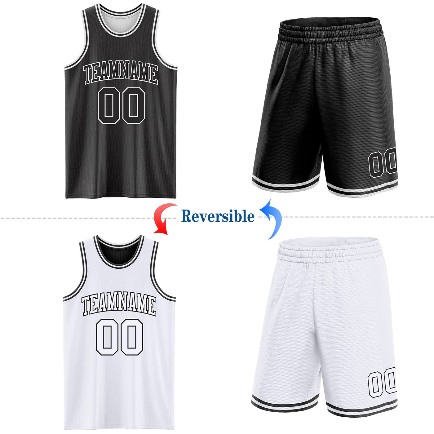 Custom Reversible Black White Double Side Sublimation Basketball Set Jersey