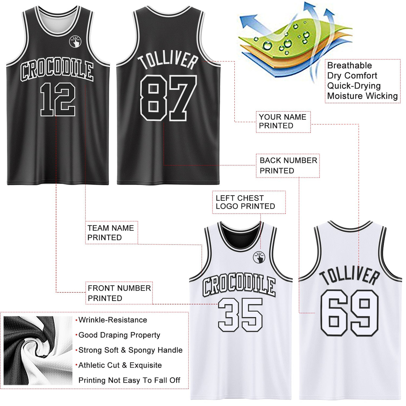 Custom Reversible Black White Double Side Sublimation Basketball Set Jersey