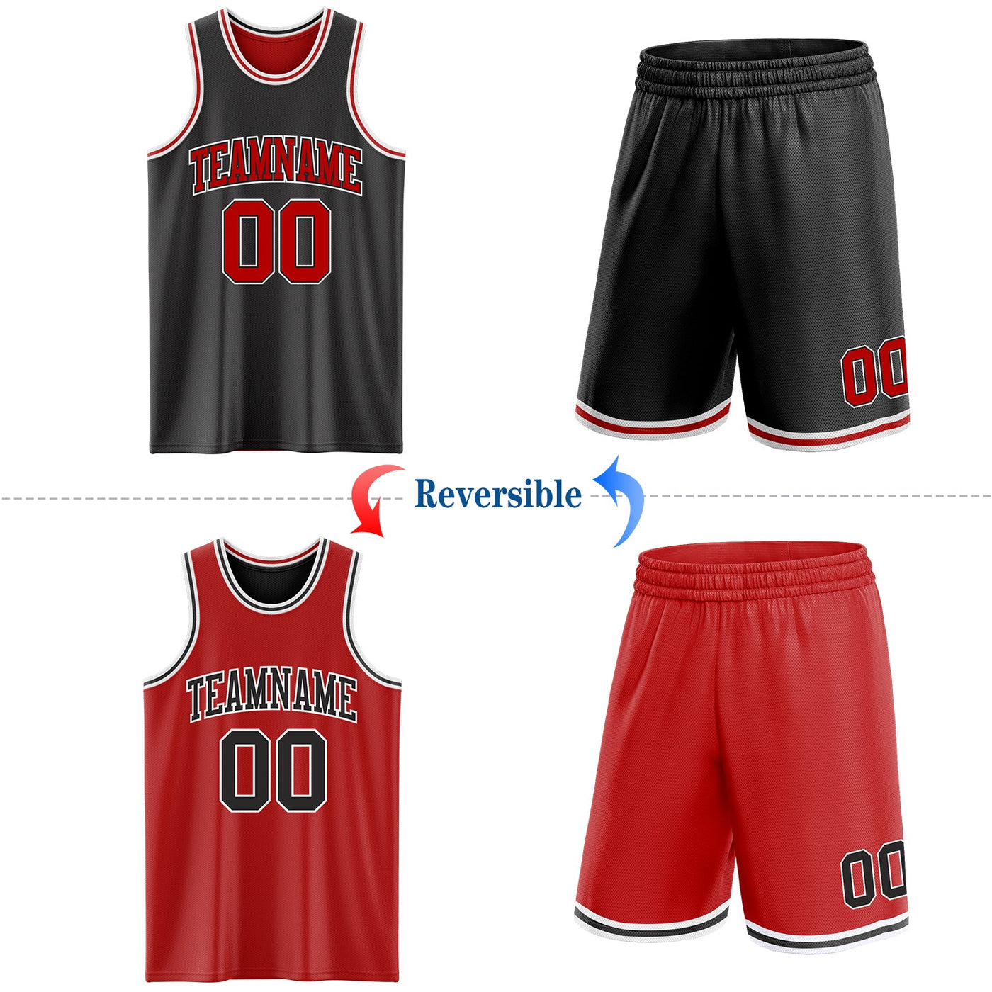 Custom Reversible Black Red-White Double Side Sublimation Basketball Set Jersey