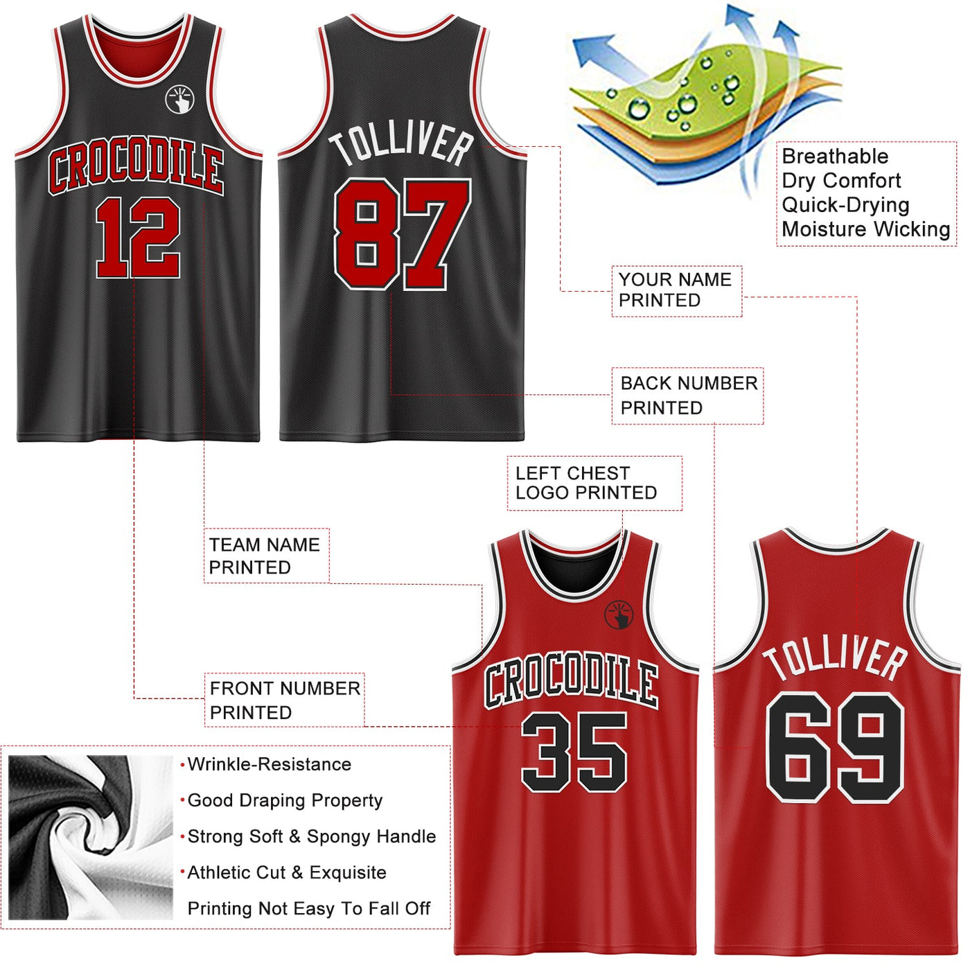 Custom Reversible Black Red-White Double Side Sublimation Basketball Set Jersey