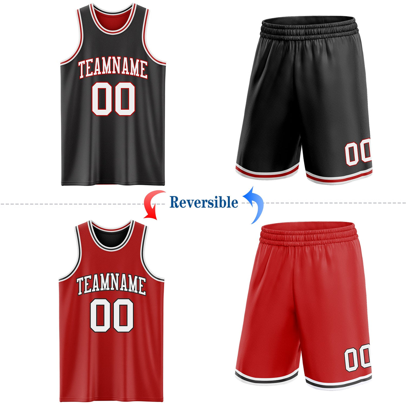 Custom Reversible Black White-Red Double Side Sublimation Basketball Set Jersey
