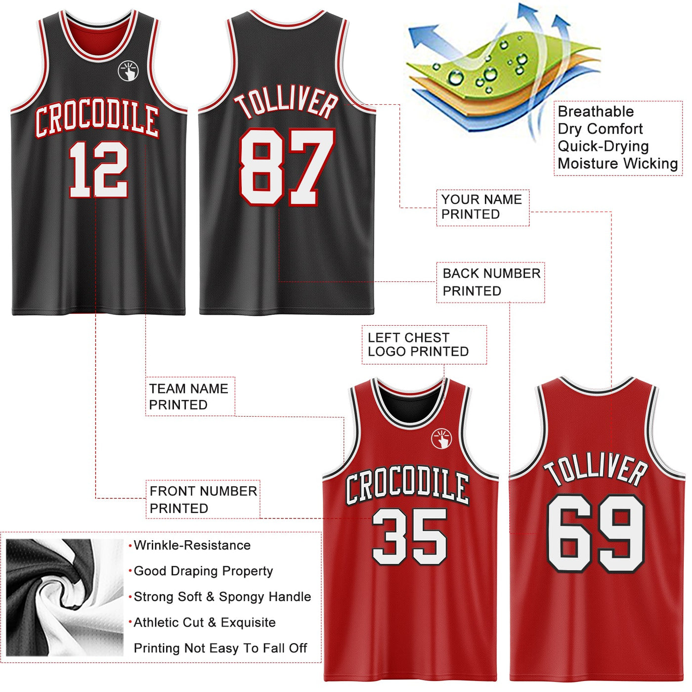 Custom Reversible Black White-Red Double Side Sublimation Basketball Set Jersey