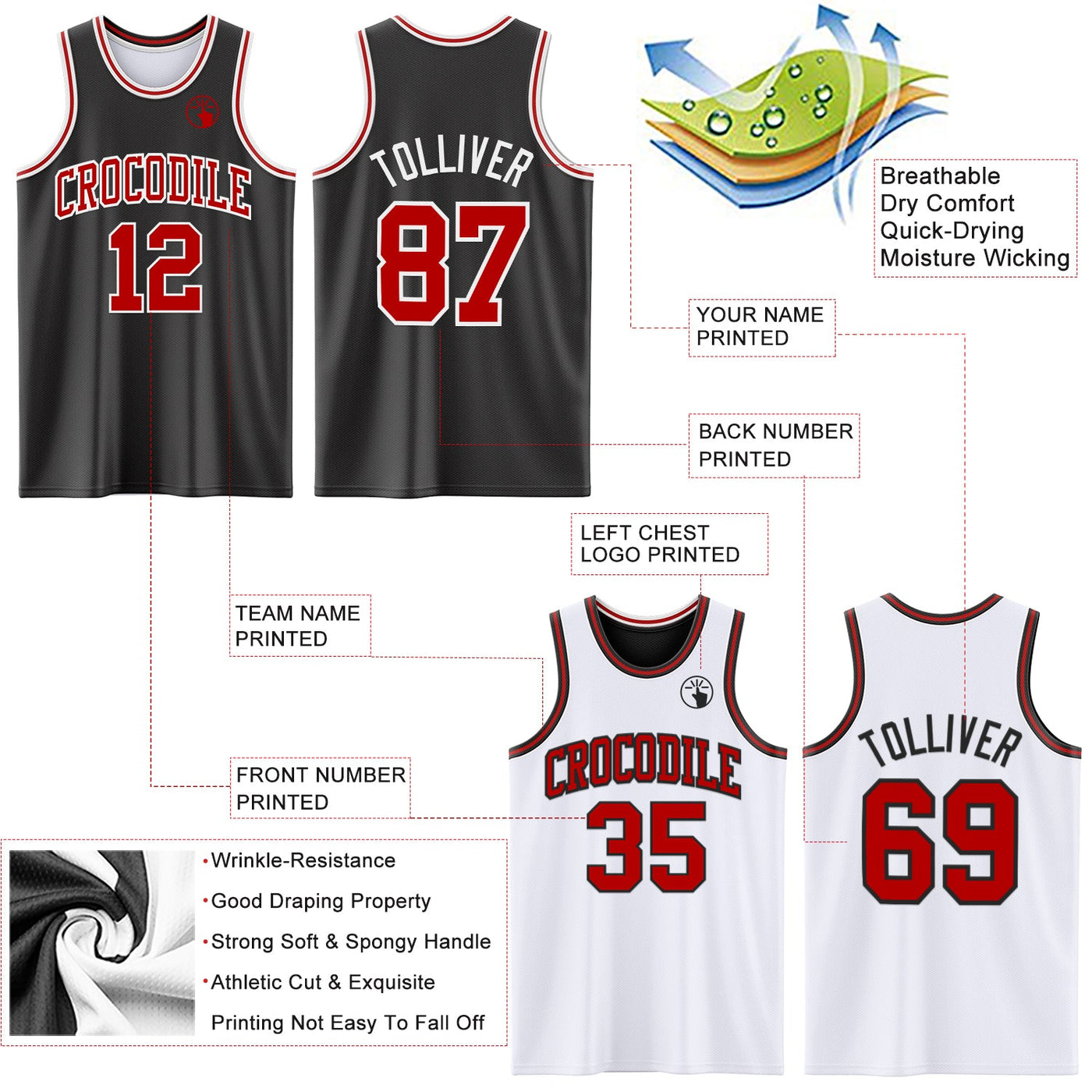 Custom Reversible Black Red-White Double Side Sublimation Basketball Set Jersey