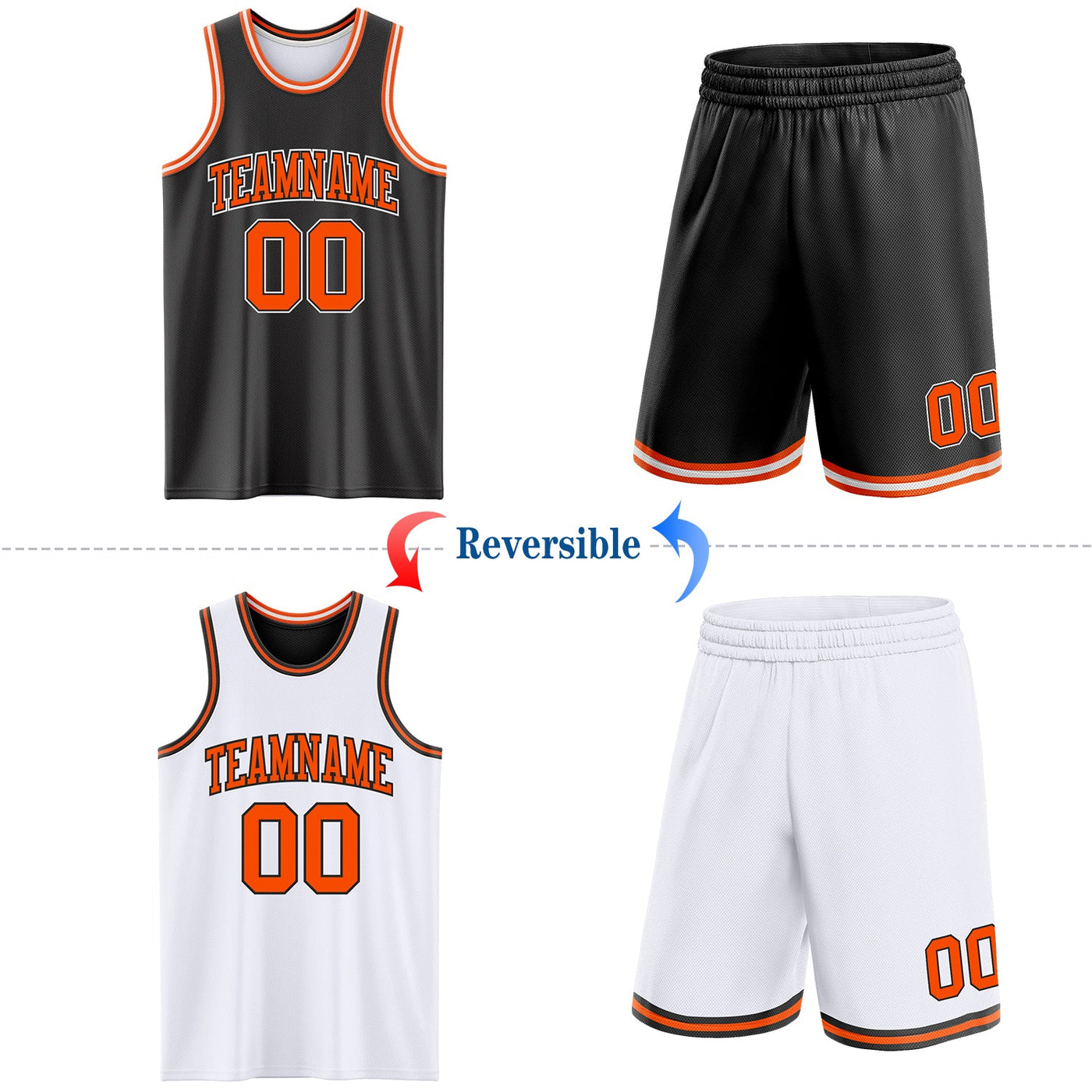 Custom Reversible Black Orange-White Double Side Sublimation Basketball Set Jersey