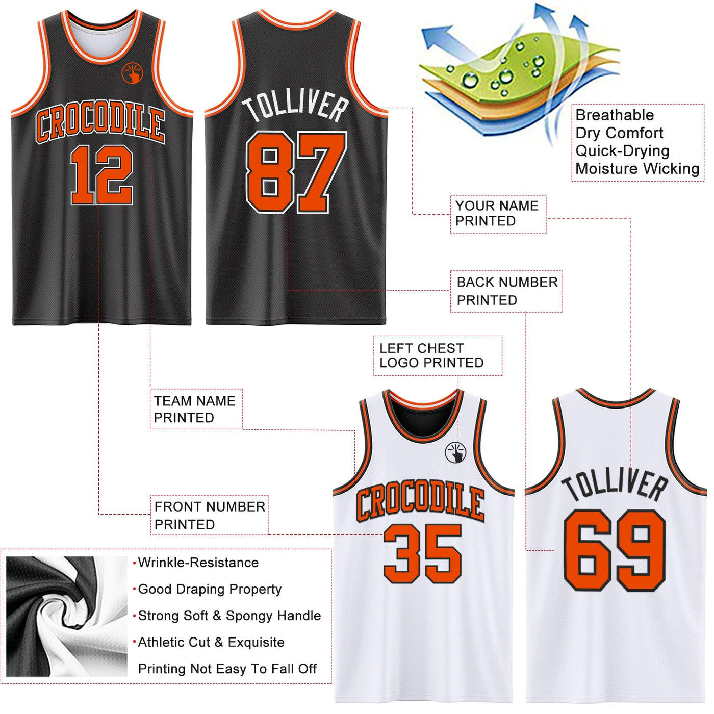 Custom Reversible Black Orange-White Double Side Sublimation Basketball Set Jersey