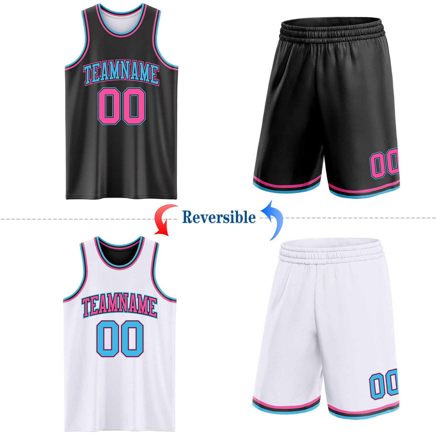 Custom Reversible Black Pink-Sky Blue Double Side Sublimation Basketball Set Jersey