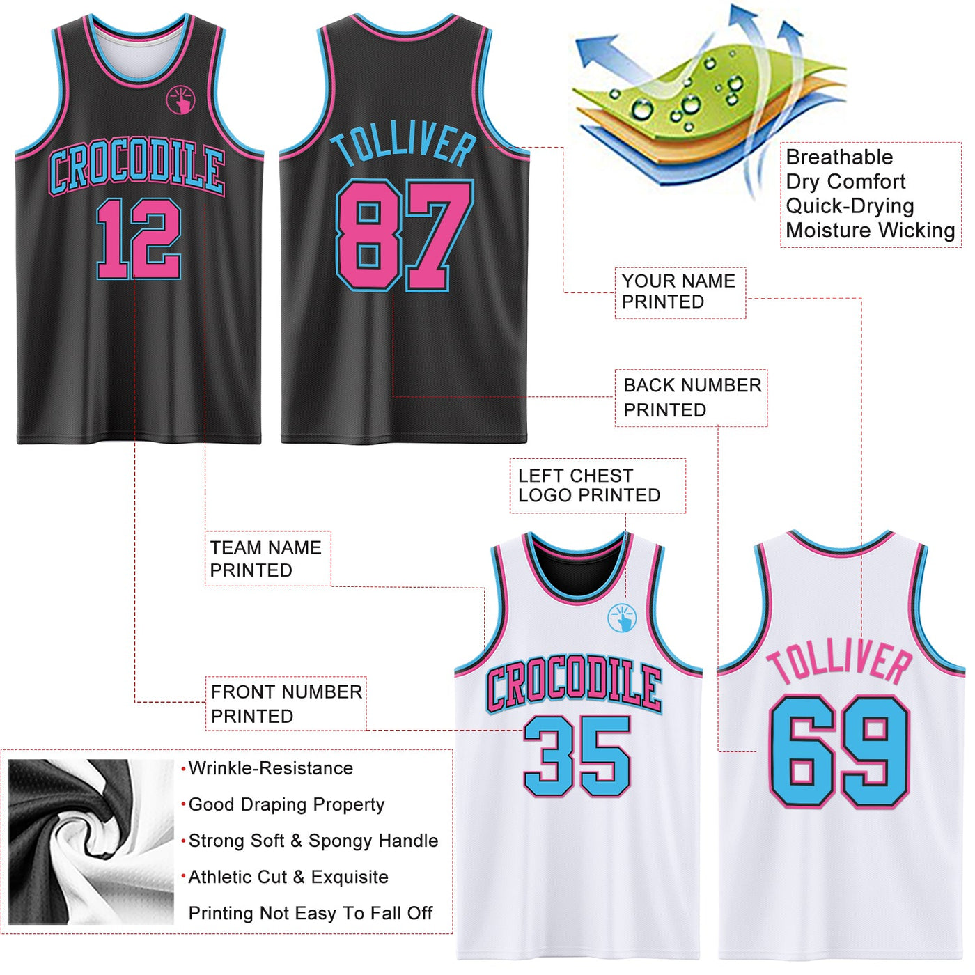 Custom Reversible Black Pink-Sky Blue Double Side Sublimation Basketball Set Jersey