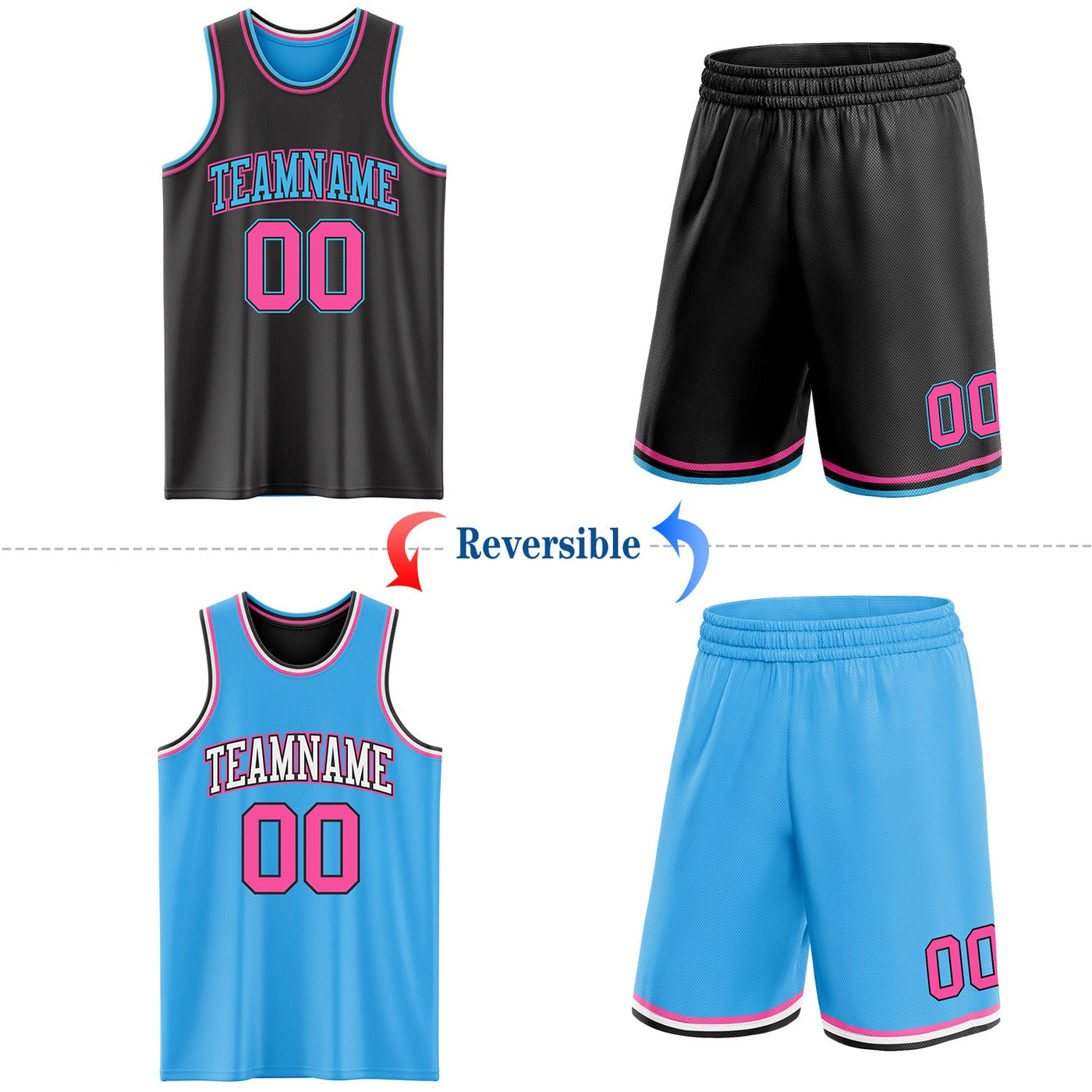 Custom Reversible Black Pink-Sky Blue Double Side Sublimation Basketball Set Jersey