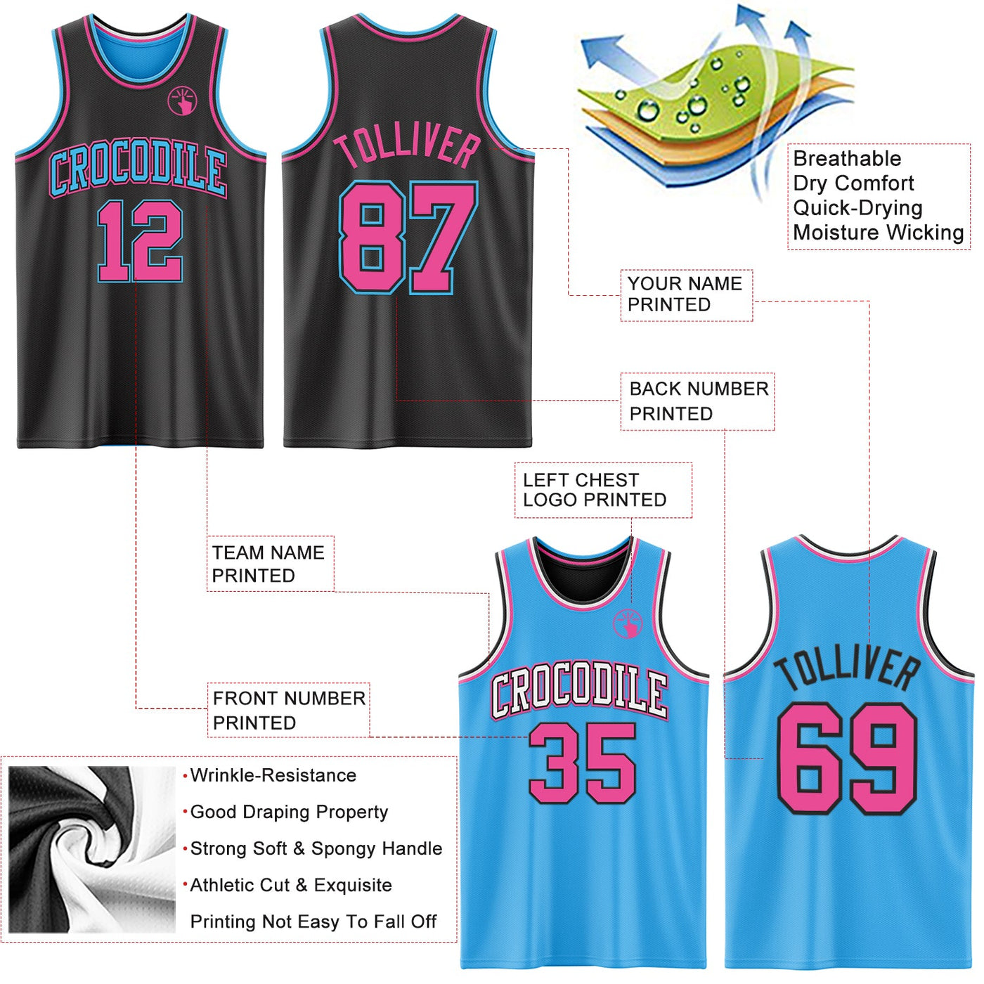 Custom Reversible Black Pink-Sky Blue Double Side Sublimation Basketball Set Jersey