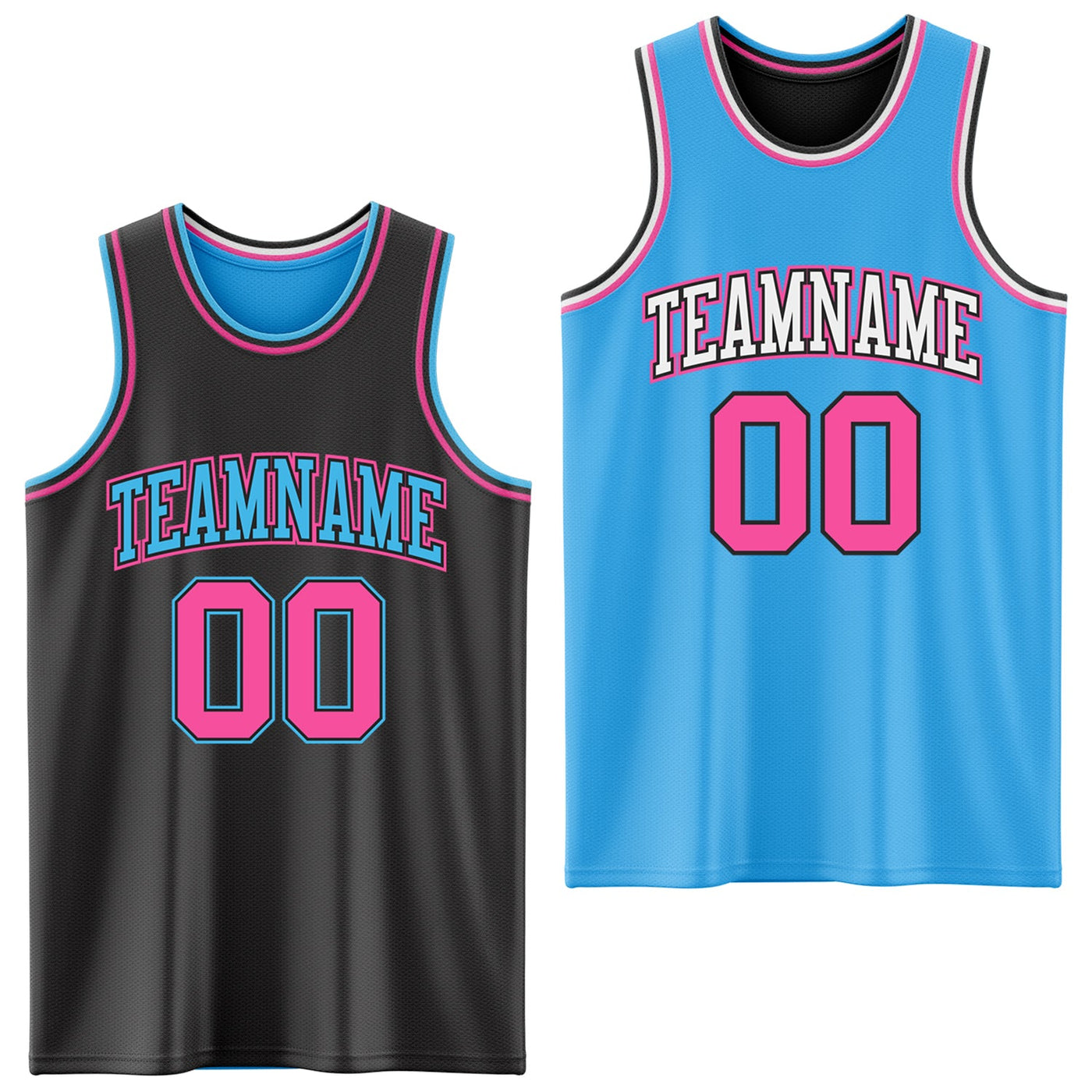 Custom Reversible Black Pink-Sky Blue Double Side Sublimation Basketball Set Jersey