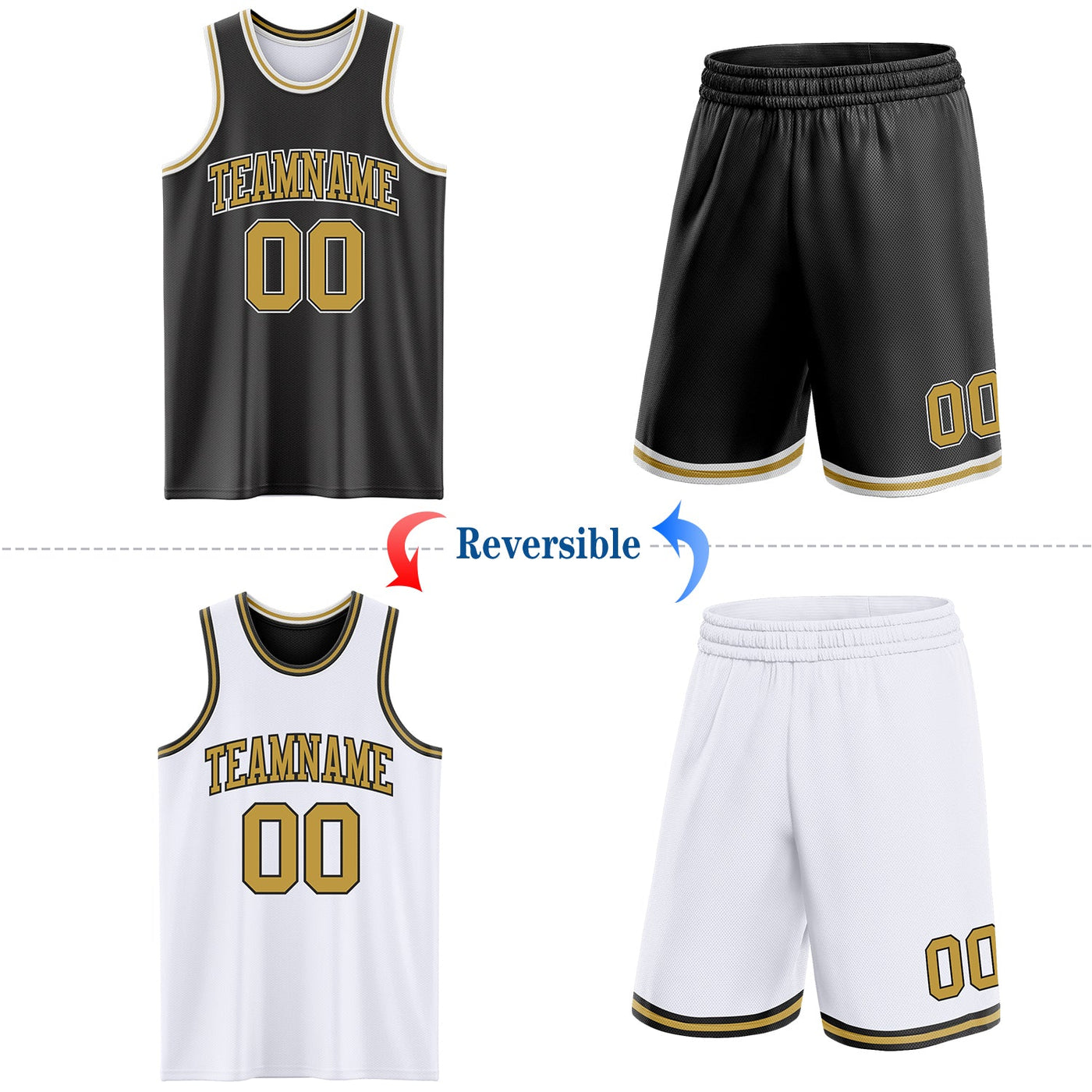 Custom Reversible Black Old Gold-White Double Side Sublimation Basketball Set Jersey