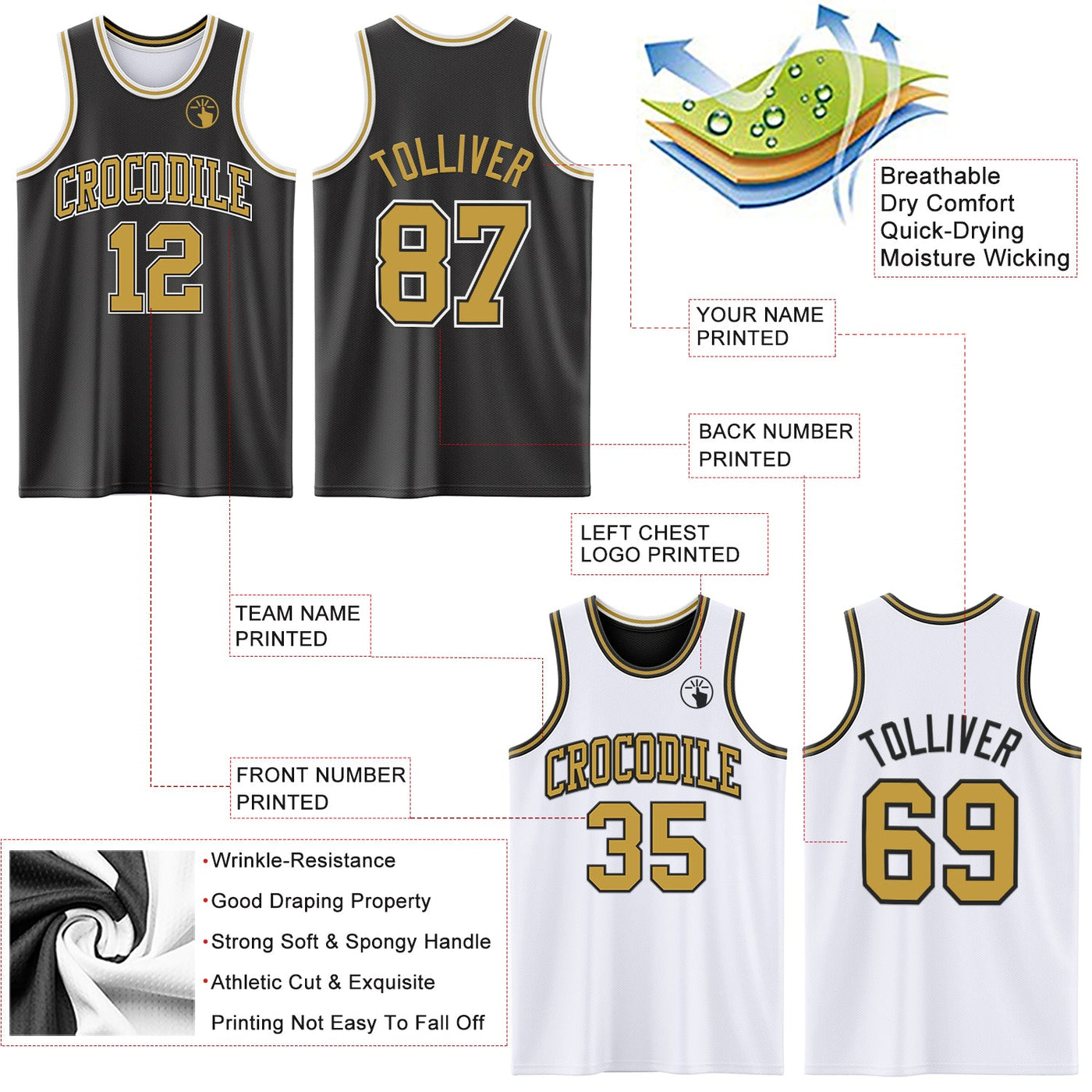 Custom Reversible Black Old Gold-White Double Side Sublimation Basketball Set Jersey
