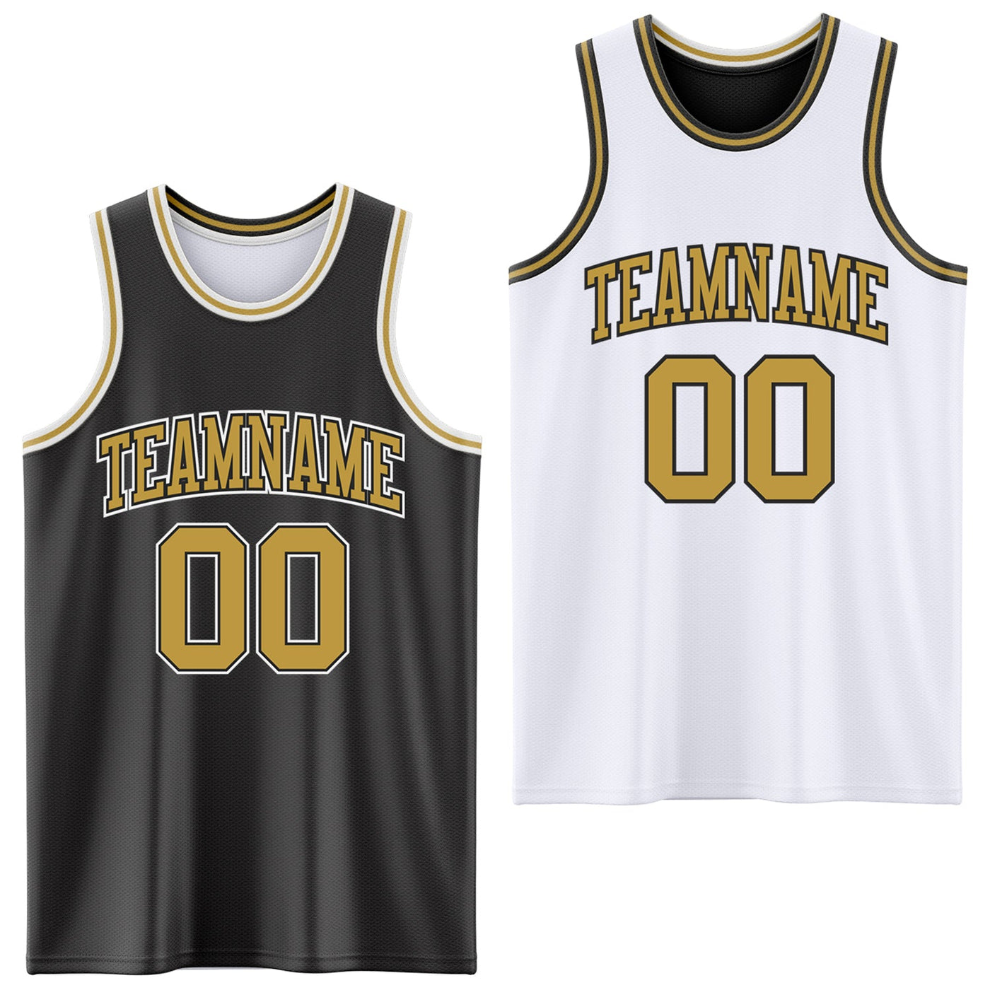 Custom Reversible Black Old Gold-White Double Side Sublimation Basketball Set Jersey